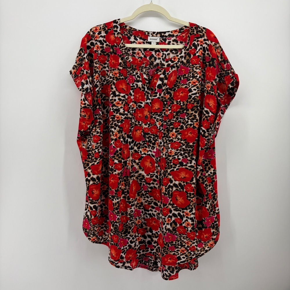 Avenue Womens 22/24 Red Floral Animal Print Blouse Pintuck Pleated Top